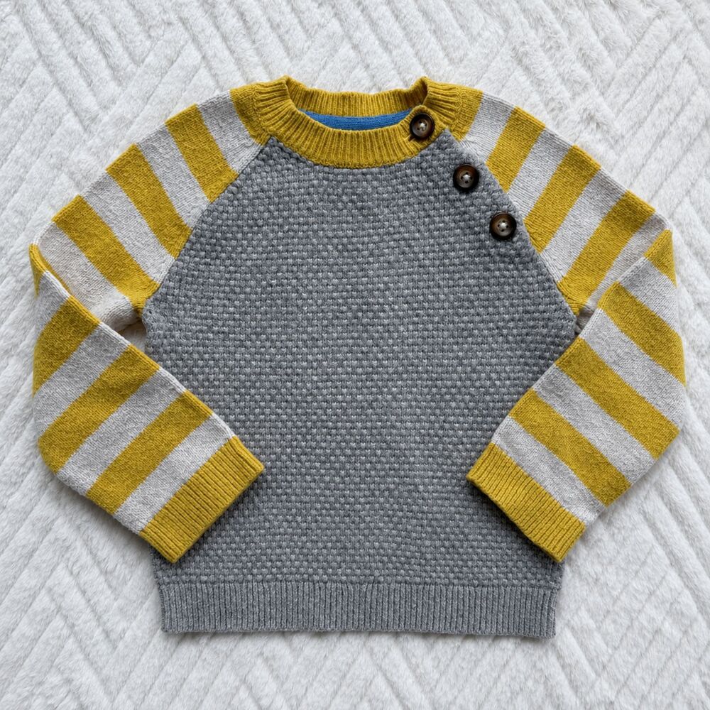 Boden Baby 12-18M Knit Sweater Gray Mustard Stripe Wool Cashmere Boys Pullover